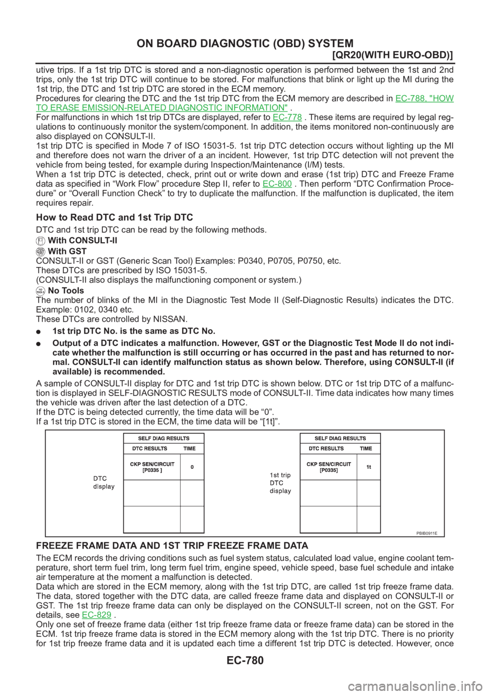 NISSAN X-TRAIL 2001  Service Repair Manual EC-780
[QR20(WITH EURO-OBD)]
ON BOARD DIAGNOSTIC (OBD) SYSTEM
utive  trips.  If  a  1st  trip  DTC  is  stored  and  a  non-diagnostic  operation  is  performed  between  the  1st  and  2nd
trips, onl
