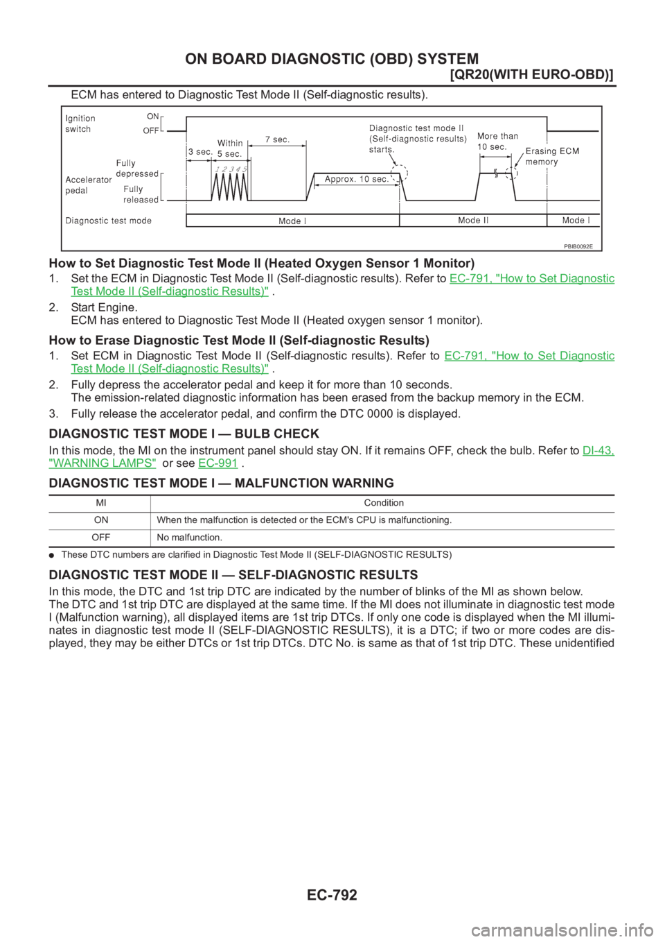 NISSAN X-TRAIL 2001  Service Repair Manual EC-792
[QR20(WITH EURO-OBD)]
ON BOARD DIAGNOSTIC (OBD) SYSTEM
ECM has entered to Diagnostic Test Mode II (Self-diagnostic results).
How to Set Diagnostic Test Mode II (Heated Oxygen Sensor 1 Monitor)
