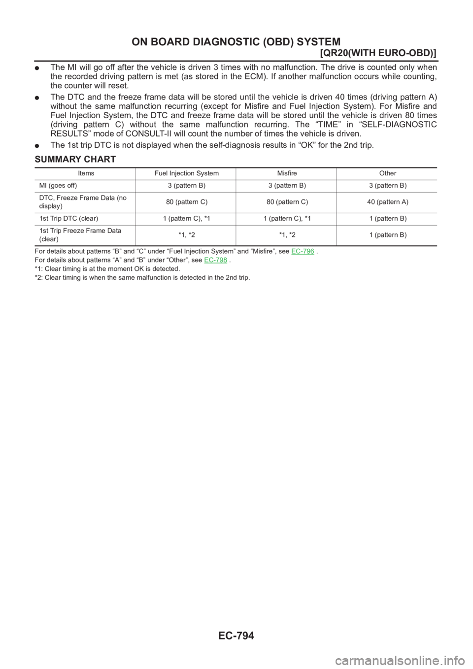 NISSAN X-TRAIL 2001  Service Repair Manual EC-794
[QR20(WITH EURO-OBD)]
ON BOARD DIAGNOSTIC (OBD) SYSTEM
●The MI will go off after the vehicle is driven 3 times with no malfunction. The drive is counted only when
the recorded driving pattern