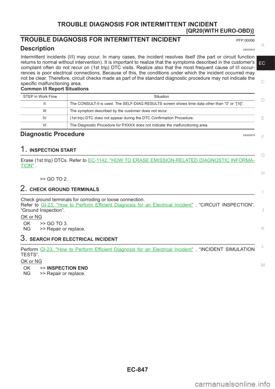 NISSAN X-TRAIL 2001  Service Repair Manual TROUBLE DIAGNOSIS FOR INTERMITTENT INCIDENT
EC-847
[QR20(WITH EURO-OBD)]
C
D
E
F
G
H
I
J
K
L
MA
EC
TROUBLE DIAGNOSIS FOR INTERMITTENT INCIDENTPFP:00006
DescriptionEBS00MT8
Intermittent  incidents  (I/