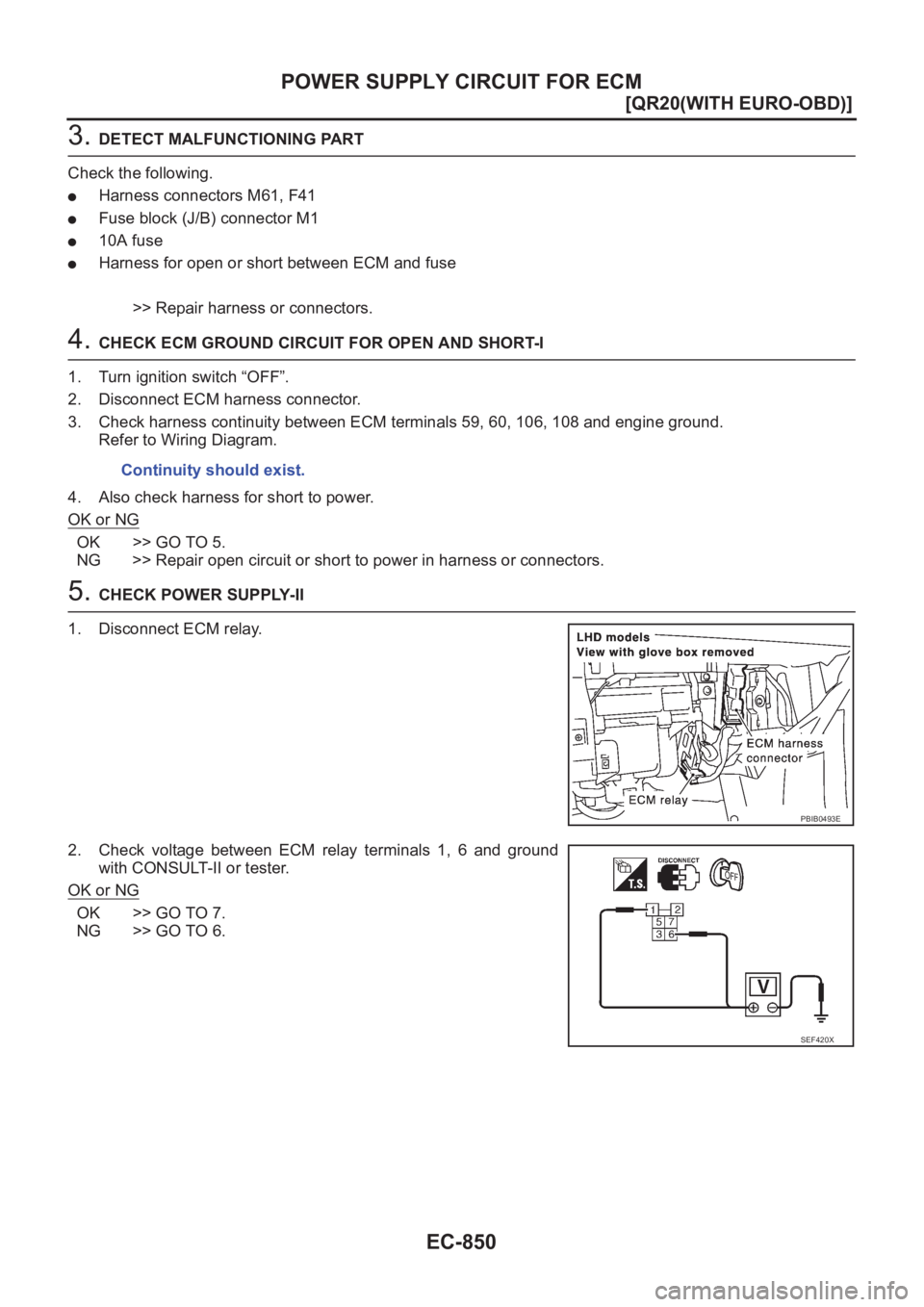 NISSAN X-TRAIL 2001  Service Repair Manual EC-850
[QR20(WITH EURO-OBD)]
POWER SUPPLY CIRCUIT FOR ECM
3. DETECT MALFUNCTIONING PART
Check the following.
●Harness connectors M61, F41
●Fuse block (J/B) connector M1
●10A fuse
●Harness for 