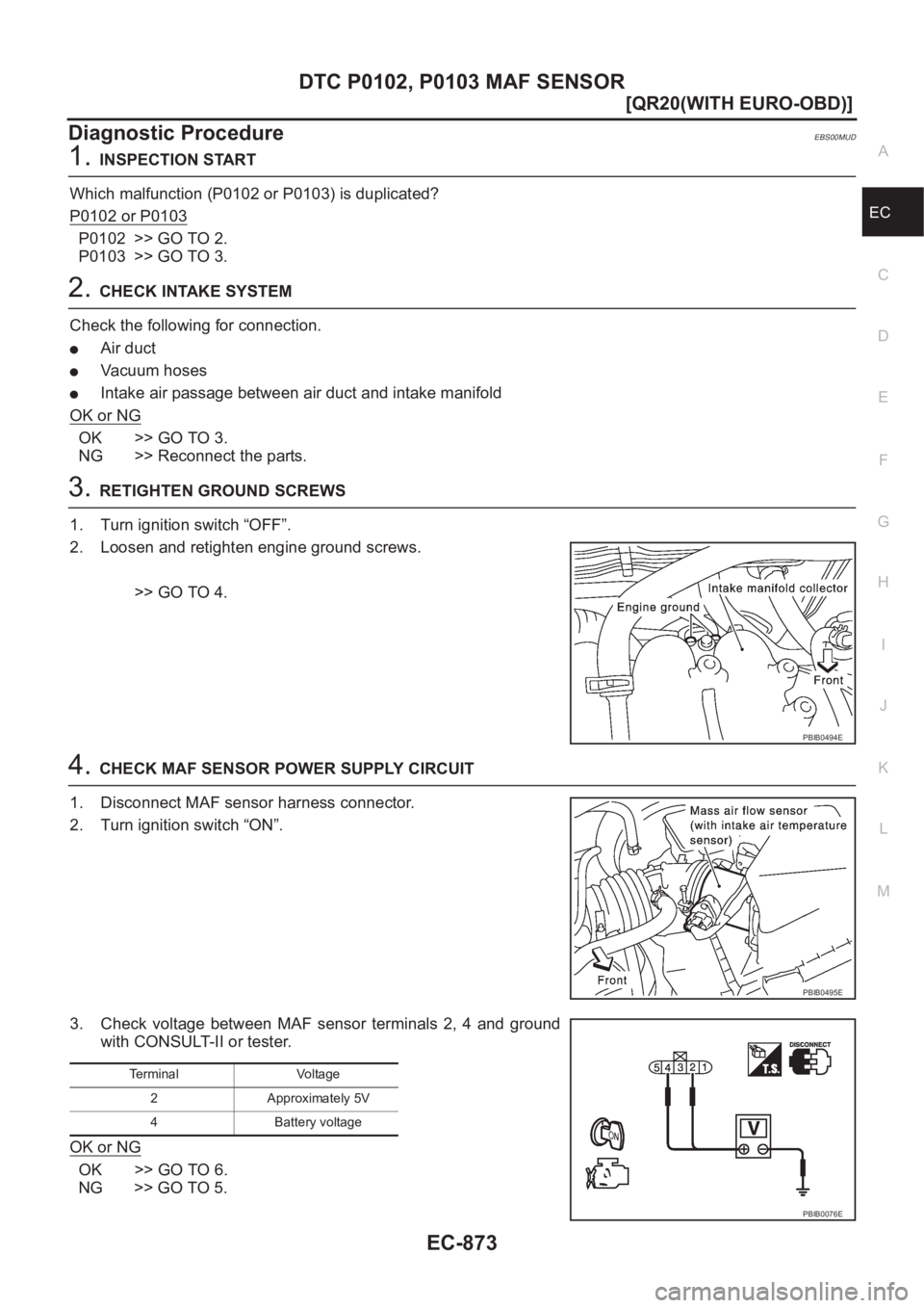 NISSAN X-TRAIL 2001  Service Repair Manual DTC P0102, P0103 MAF SENSOR
EC-873
[QR20(WITH EURO-OBD)]
C
D
E
F
G
H
I
J
K
L
MA
EC
Diagnostic ProcedureEBS00MUD
1.INSPECTION START
Which malfunction (P0102 or P0103) is duplicated?
P0102 or P0103
P010