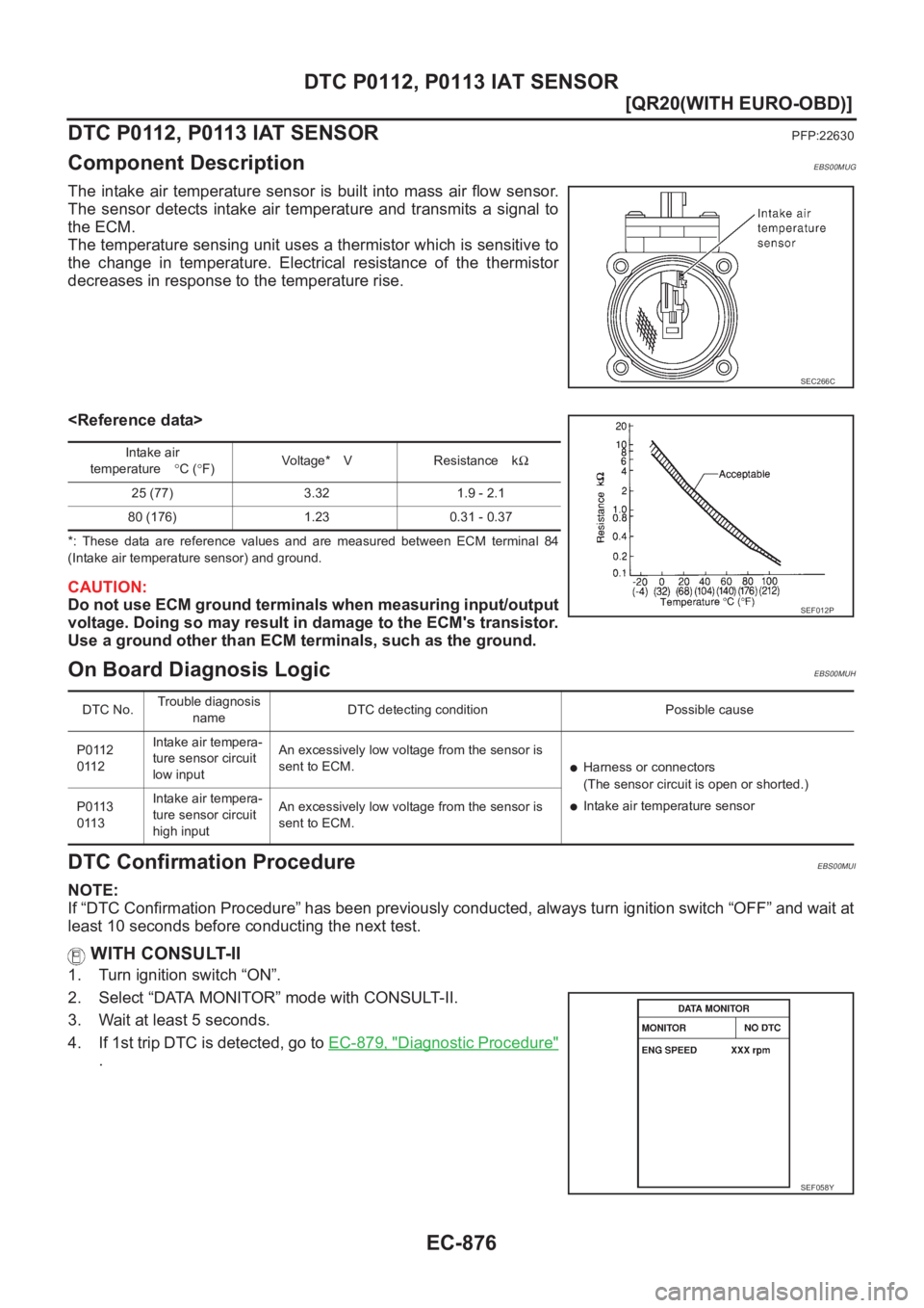 NISSAN X-TRAIL 2001  Service Repair Manual EC-876
[QR20(WITH EURO-OBD)]
DTC P0112, P0113 IAT SENSOR
DTC P0112, P0113 IAT SENSOR
PFP:22630
Component DescriptionEBS00MUG
The intake air temperature sensor is built into mass air flow sensor.
The  