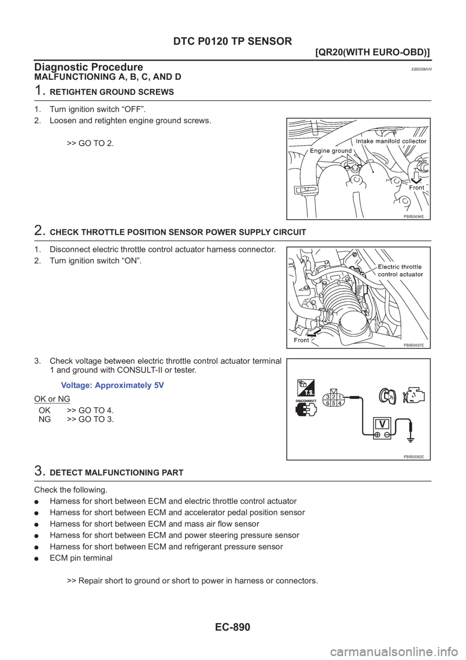 NISSAN X-TRAIL 2001  Service Repair Manual EC-890
[QR20(WITH EURO-OBD)]
DTC P0120 TP SENSOR
Diagnostic Procedure
EBS00MV0
MALFUNCTIONING A, B, C, AND D
1. RETIGHTEN GROUND SCREWS
1. Turn ignition switch “OFF”.
2. Loosen and retighten engin
