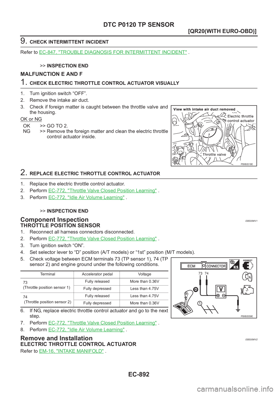 NISSAN X-TRAIL 2001  Service Repair Manual EC-892
[QR20(WITH EURO-OBD)]
DTC P0120 TP SENSOR
9. CHECK INTERMITTENT INCIDENT
Refer to EC-847, "
TROUBLE DIAGNOSIS FOR INTERMITTENT INCIDENT" .
>>INSPECTION END
MALFUNCTION E AND F
1. CHECK 