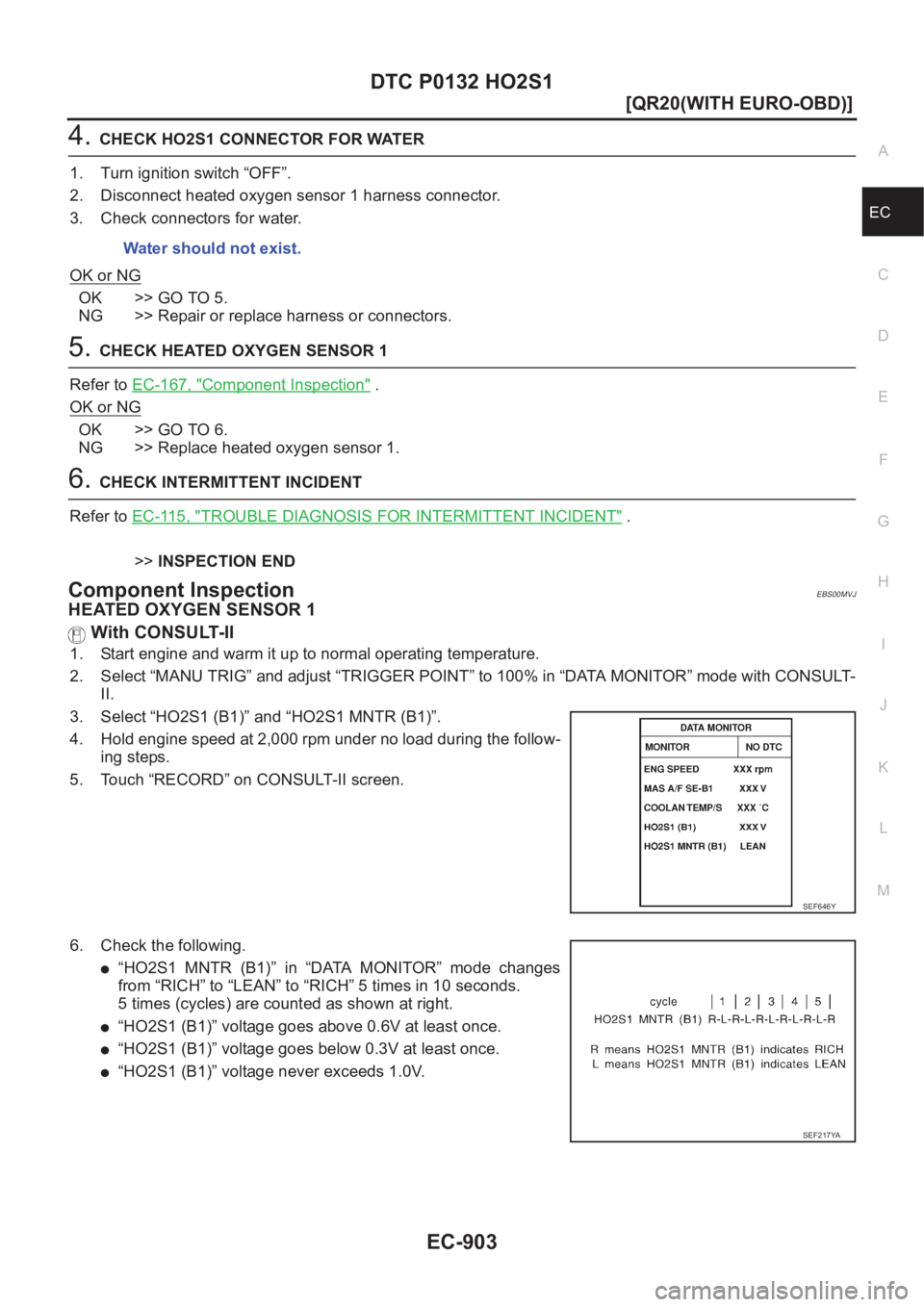 NISSAN X-TRAIL 2001  Service Repair Manual DTC P0132 HO2S1
EC-903
[QR20(WITH EURO-OBD)]
C
D
E
F
G
H
I
J
K
L
MA
EC
4.CHECK HO2S1 CONNECTOR FOR WATER
1. Turn ignition switch “OFF”.
2. Disconnect heated oxygen sensor 1 harness connector.
3. C