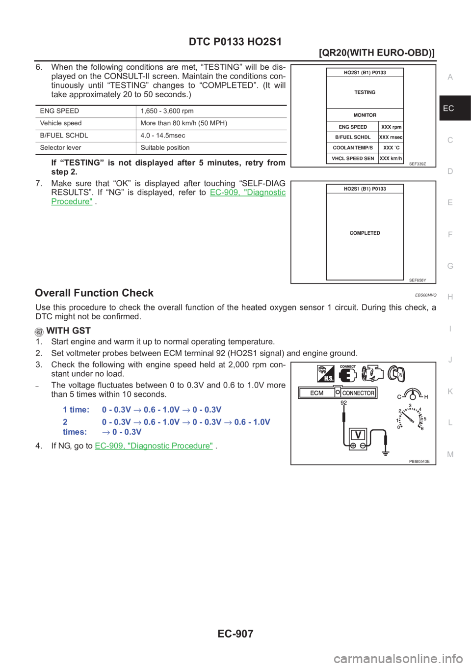 NISSAN X-TRAIL 2001  Service Repair Manual DTC P0133 HO2S1
EC-907
[QR20(WITH EURO-OBD)]
C
D
E
F
G
H
I
J
K
L
MA
EC
6. When  the  following  conditions  are  met,  “TESTING”  will  be  dis-
played on the CONSULT-II screen. Maintain the condi