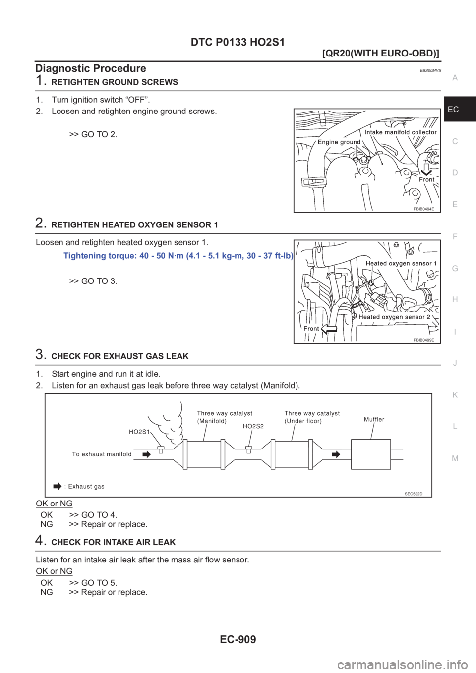 NISSAN X-TRAIL 2001  Service Repair Manual DTC P0133 HO2S1
EC-909
[QR20(WITH EURO-OBD)]
C
D
E
F
G
H
I
J
K
L
MA
EC
Diagnostic ProcedureEBS00MVS
1.RETIGHTEN GROUND SCREWS
1. Turn ignition switch “OFF”.
2. Loosen and retighten engine ground s