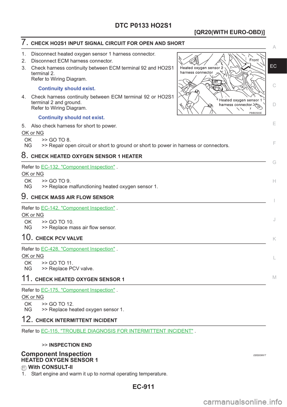 NISSAN X-TRAIL 2001  Service Repair Manual DTC P0133 HO2S1
EC-911
[QR20(WITH EURO-OBD)]
C
D
E
F
G
H
I
J
K
L
MA
EC
7.CHECK HO2S1 INPUT SIGNAL CIRCUIT FOR OPEN AND SHORT
1. Disconnect heated oxygen sensor 1 harness connector.
2. Disconnect ECM h