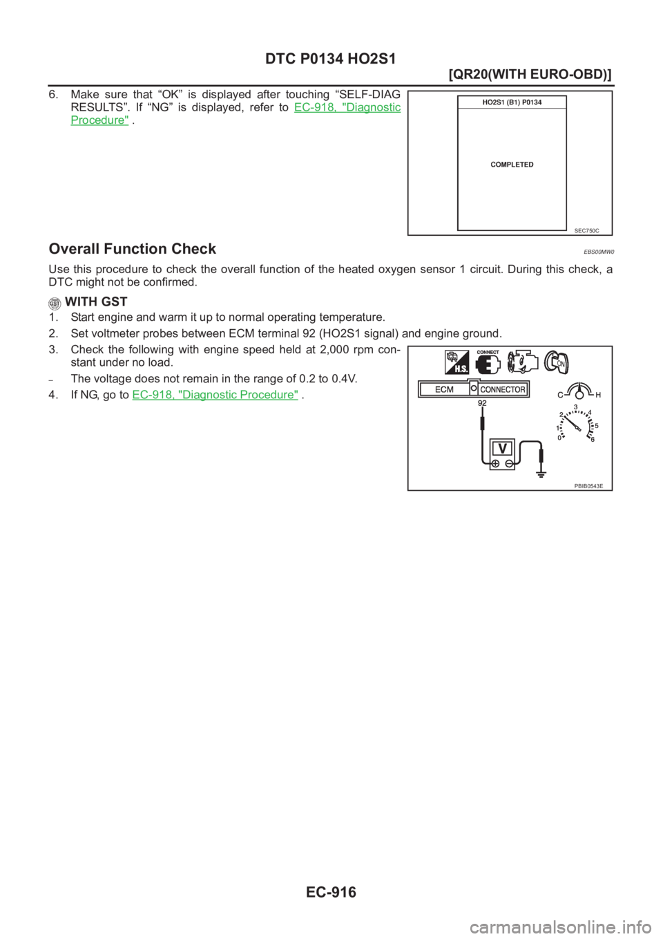 NISSAN X-TRAIL 2001  Service Repair Manual EC-916
[QR20(WITH EURO-OBD)]
DTC P0134 HO2S1
6. Make  sure  that  “OK”  is  displayed  after  touching  “SELF-DIAG
RESULTS”.  If  “NG”  is  displayed,  refer  to EC-918,  "
Diagnostic
