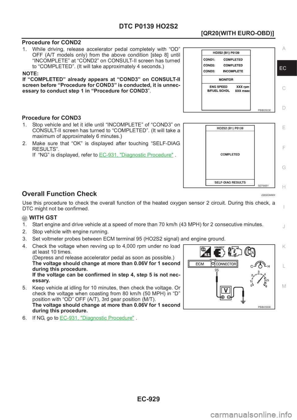 NISSAN X-TRAIL 2001  Service Repair Manual DTC P0139 HO2S2
EC-929
[QR20(WITH EURO-OBD)]
C
D
E
F
G
H
I
J
K
L
MA
EC
Procedure for COND2
1. While  driving,  release  accelerator  pedal  completely  with  “OD”
OFF  (A/T  models  only)  from  t