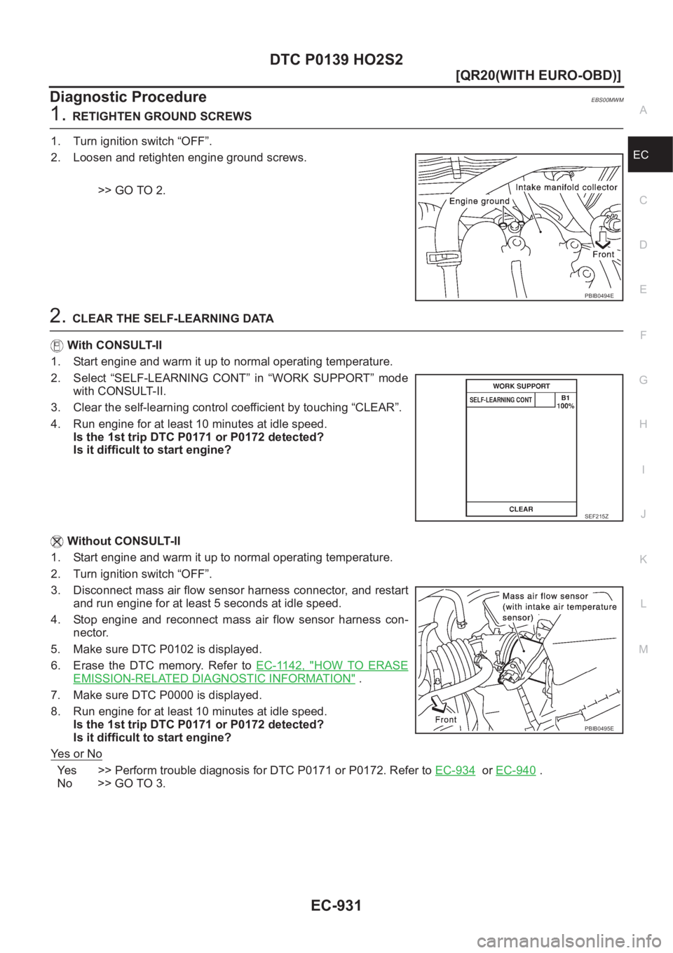 NISSAN X-TRAIL 2001  Service Repair Manual DTC P0139 HO2S2
EC-931
[QR20(WITH EURO-OBD)]
C
D
E
F
G
H
I
J
K
L
MA
EC
Diagnostic ProcedureEBS00MWM
1.RETIGHTEN GROUND SCREWS
1. Turn ignition switch “OFF”.
2. Loosen and retighten engine ground s