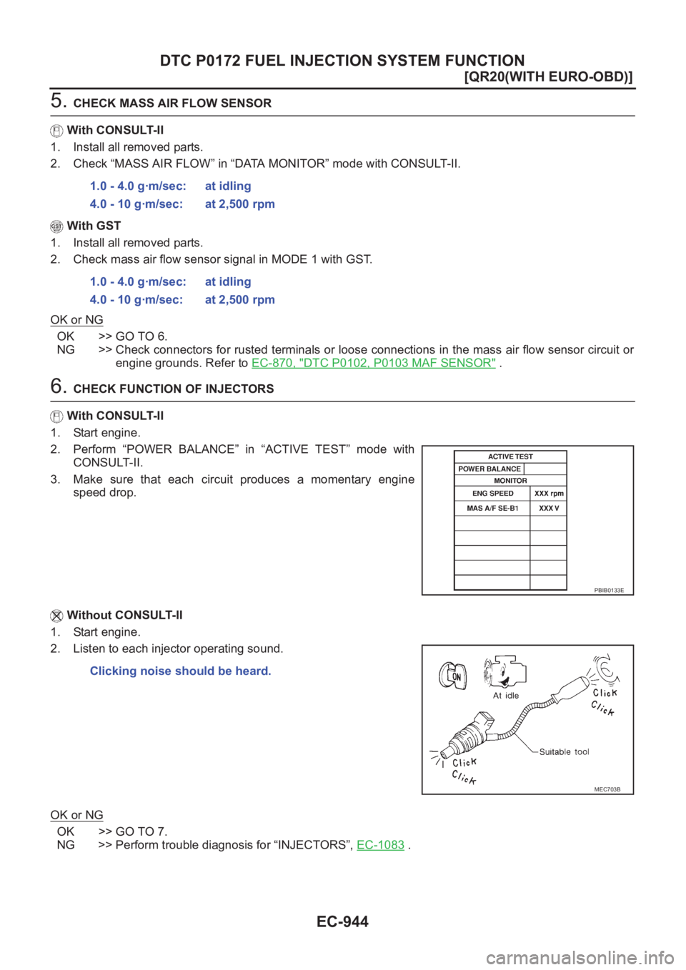 NISSAN X-TRAIL 2001  Service Repair Manual EC-944
[QR20(WITH EURO-OBD)]
DTC P0172 FUEL INJECTION SYSTEM FUNCTION
5. CHECK MASS AIR FLOW SENSOR
With CONSULT-II
1. Install all removed parts.
2. Check “MASS AIR FLOW” in “DATA MONITOR” mod