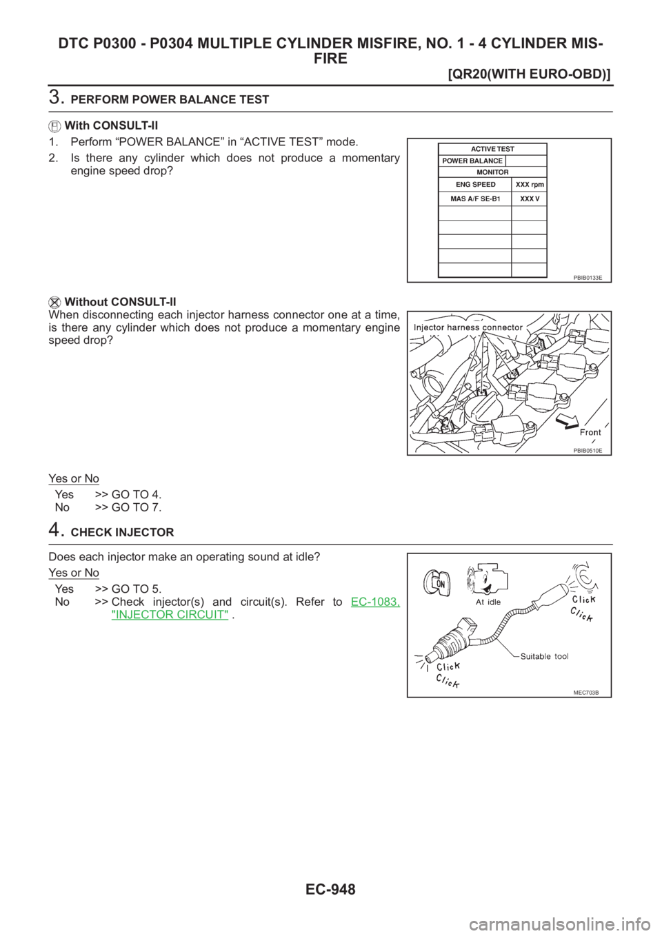 NISSAN X-TRAIL 2001  Service Repair Manual EC-948
[QR20(WITH EURO-OBD)]
DTC P0300 - P0304 MULTIPLE CYLINDER MISFIRE, NO. 1 - 4 CYLINDER MIS-
FIRE
3. PERFORM POWER BALANCE TEST
With CONSULT-II
1. Perform “POWER BALANCE” in “ACTIVE TEST”