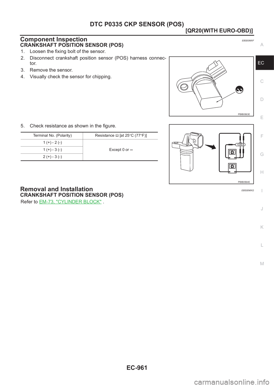 NISSAN X-TRAIL 2001  Service Repair Manual DTC P0335 CKP SENSOR (POS)
EC-961
[QR20(WITH EURO-OBD)]
C
D
E
F
G
H
I
J
K
L
MA
EC
Component InspectionEBS00MXF
CRANKSHAFT POSITION SENSOR (POS)
1. Loosen the fixing bolt of the sensor.
2. Disconnect  