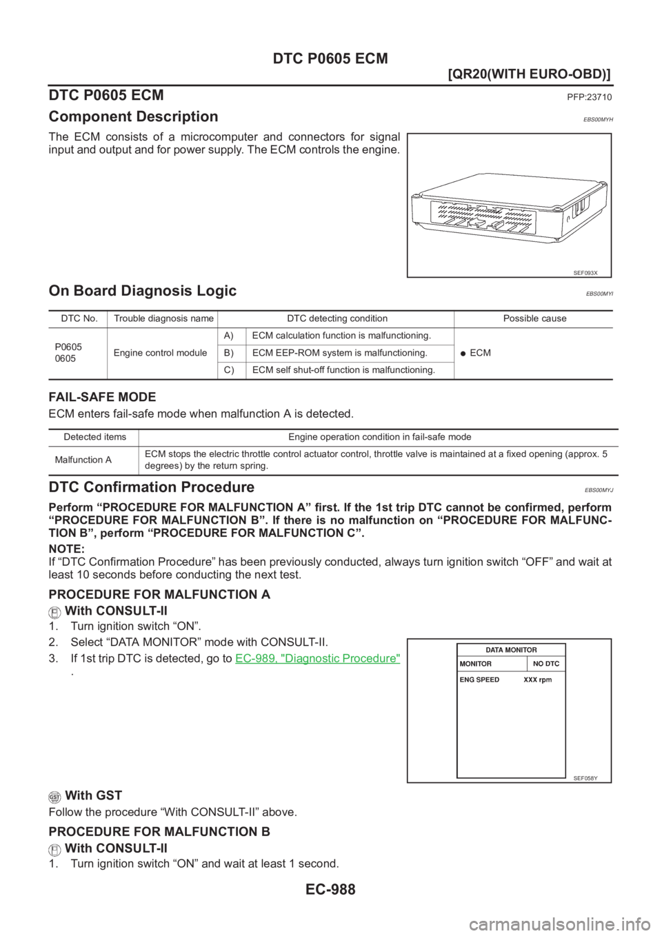 NISSAN X-TRAIL 2001  Service Repair Manual EC-988
[QR20(WITH EURO-OBD)]
DTC P0605 ECM
DTC P0605 ECM
PFP:23710
Component DescriptionEBS00MYH
The  ECM  consists  of  a  microcomputer  and  connectors  for  signal
input and output and for power s
