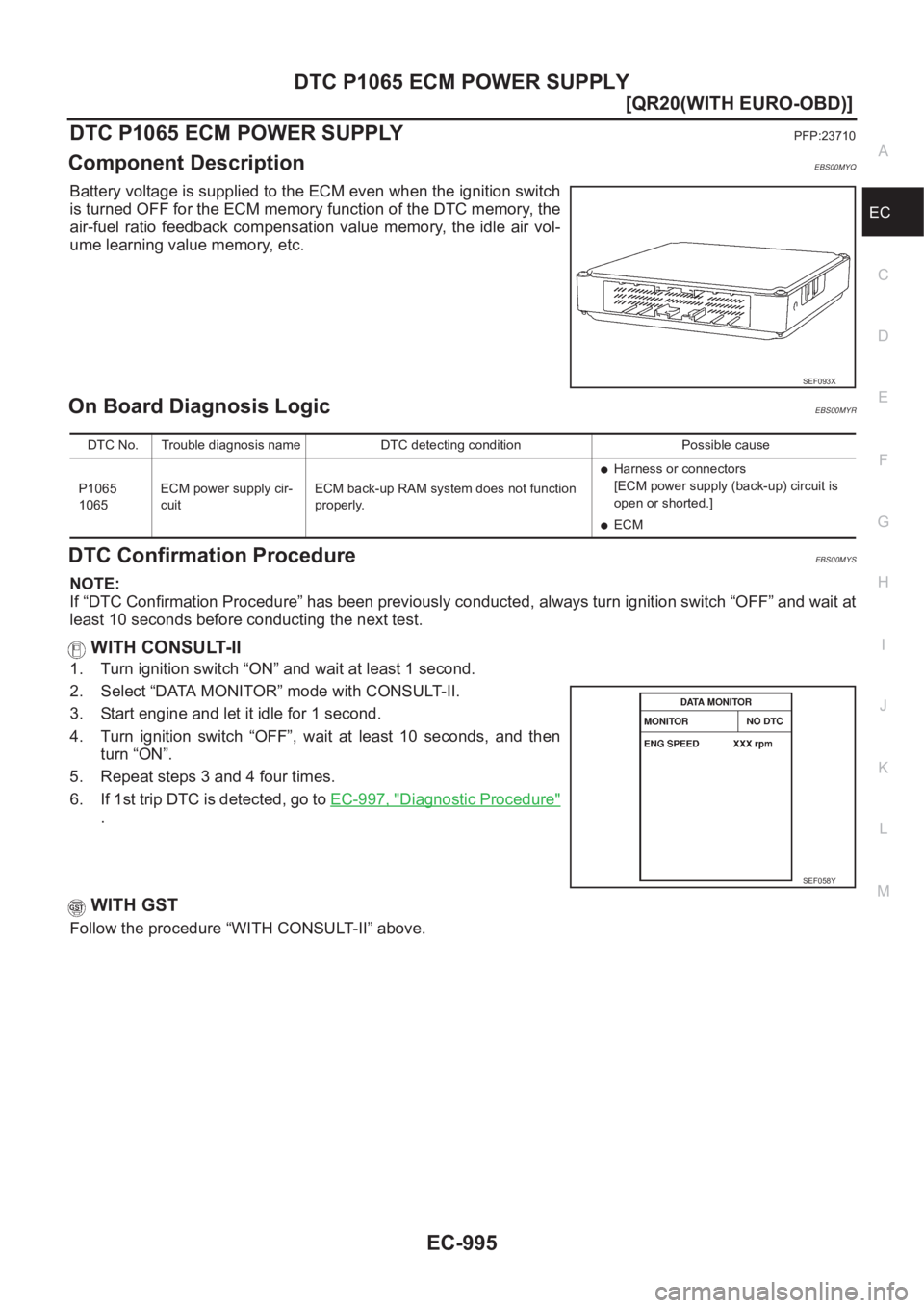 NISSAN X-TRAIL 2001  Service Repair Manual DTC P1065 ECM POWER SUPPLY
EC-995
[QR20(WITH EURO-OBD)]
C
D
E
F
G
H
I
J
K
L
MA
EC
DTC P1065 ECM POWER SUPPLYPFP:23710
Component DescriptionEBS00MYQ
Battery voltage is supplied to the ECM even when the