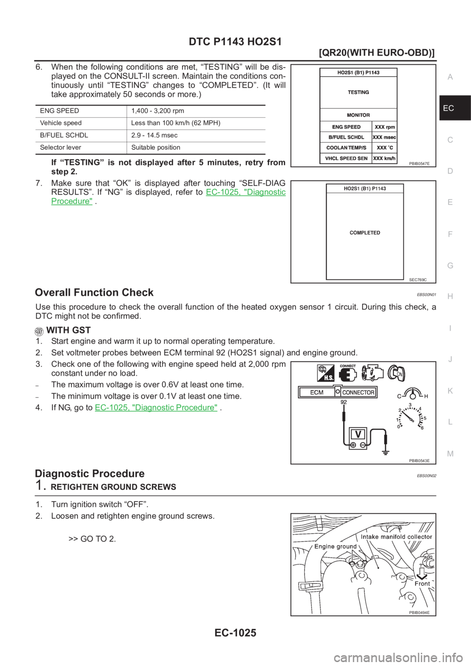 NISSAN X-TRAIL 2001  Service Repair Manual DTC P1143 HO2S1
EC-1025
[QR20(WITH EURO-OBD)]
C
D
E
F
G
H
I
J
K
L
MA
EC
6. When  the  following  conditions  are  met,  “TESTING”  will  be  dis-
played on the CONSULT-II screen. Maintain the cond