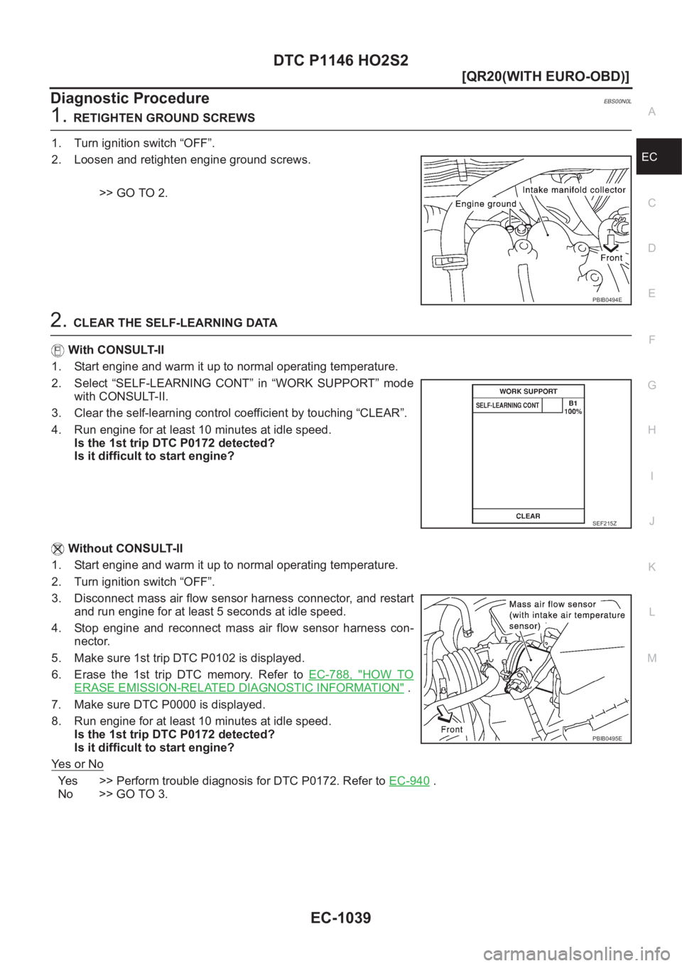 NISSAN X-TRAIL 2001  Service Repair Manual DTC P1146 HO2S2
EC-1039
[QR20(WITH EURO-OBD)]
C
D
E
F
G
H
I
J
K
L
MA
EC
Diagnostic ProcedureEBS00N0L
1.RETIGHTEN GROUND SCREWS
1. Turn ignition switch “OFF”.
2. Loosen and retighten engine ground 