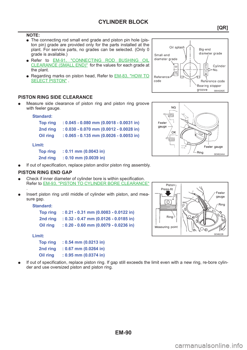 NISSAN X-TRAIL 2001  Service Repair Manual EM-90
[QR]
CYLINDER BLOCK
NOTE:
●The connecting rod small end grade and piston pin hole (pis-
ton  pin)  grade  are  provided  only  for  the  parts  installed  at  the
plant.  For  service  parts, 
