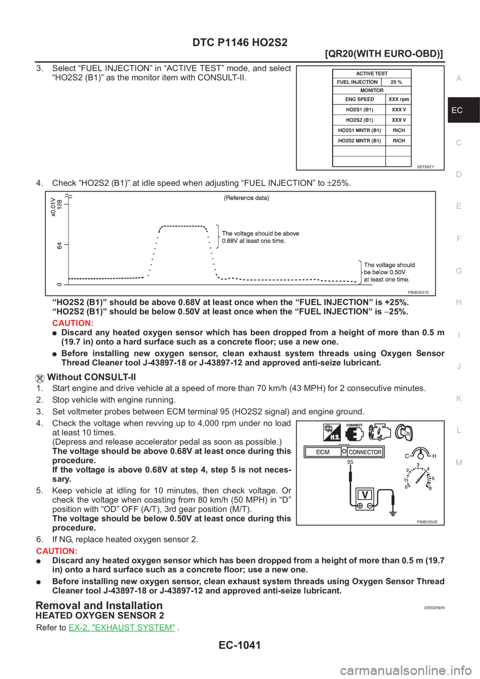 NISSAN X-TRAIL 2001  Service Repair Manual DTC P1146 HO2S2
EC-1041
[QR20(WITH EURO-OBD)]
C
D
E
F
G
H
I
J
K
L
MA
EC
3. Select “FUEL INJECTION” in “ACTIVE TEST” mode, and select
“HO2S2 (B1)” as the monitor item with CONSULT-II.
4. Ch