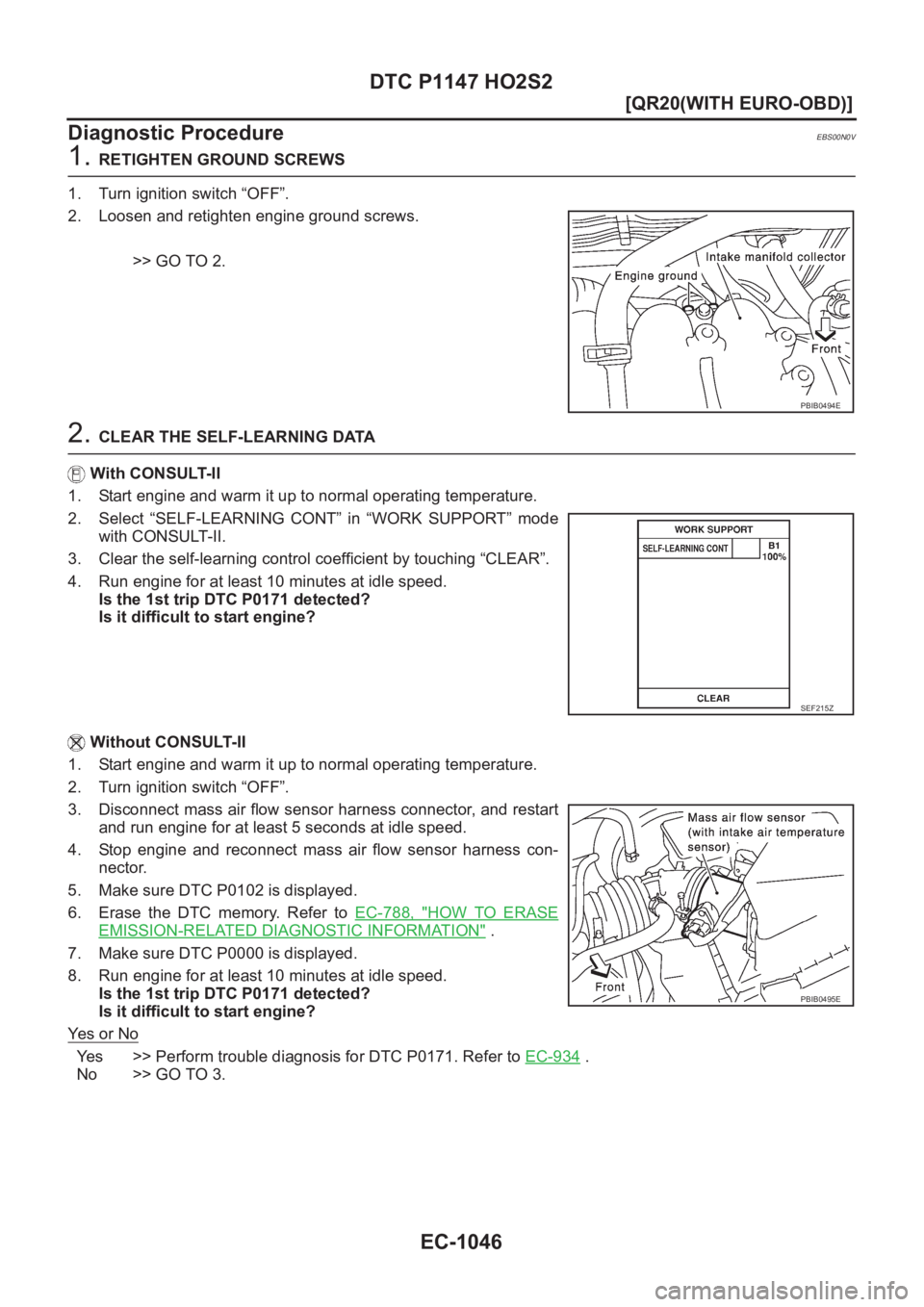 NISSAN X-TRAIL 2001  Service Repair Manual EC-1046
[QR20(WITH EURO-OBD)]
DTC P1147 HO2S2
Diagnostic Procedure
EBS00N0V
1. RETIGHTEN GROUND SCREWS
1. Turn ignition switch “OFF”.
2. Loosen and retighten engine ground screws.
>> GO TO 2.
2. C