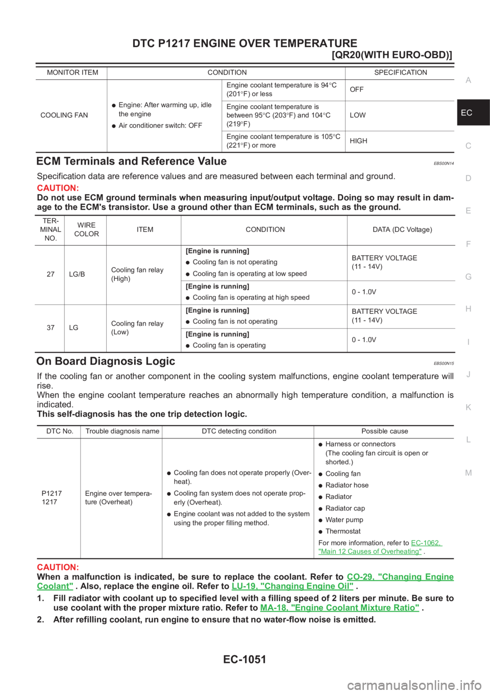 NISSAN X-TRAIL 2001  Service Repair Manual DTC P1217 ENGINE OVER TEMPERATURE
EC-1051
[QR20(WITH EURO-OBD)]
C
D
E
F
G
H
I
J
K
L
MA
EC
ECM Terminals and Reference ValueEBS00N14
Specification data are reference values and are measured between eac
