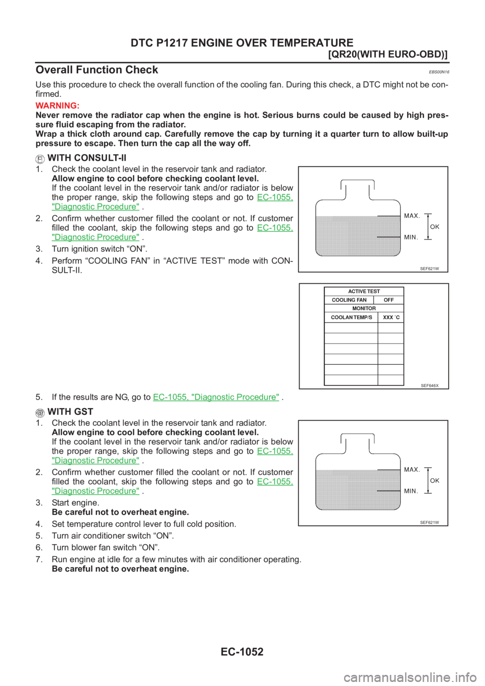 NISSAN X-TRAIL 2001  Service Repair Manual EC-1052
[QR20(WITH EURO-OBD)]
DTC P1217 ENGINE OVER TEMPERATURE
Overall Function Check
EBS00N16
Use this procedure to check the overall function of the cooling fan. During this check, a DTC might not 