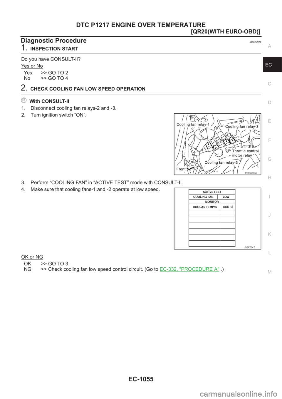 NISSAN X-TRAIL 2001  Service Repair Manual DTC P1217 ENGINE OVER TEMPERATURE
EC-1055
[QR20(WITH EURO-OBD)]
C
D
E
F
G
H
I
J
K
L
MA
EC
Diagnostic ProcedureEBS00N18
1.INSPECTION START
Do you have CONSULT-II?
Ye s   o r   N o
Ye s > > G O   T O   