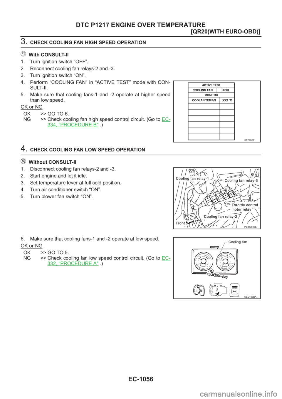 NISSAN X-TRAIL 2001  Service Repair Manual EC-1056
[QR20(WITH EURO-OBD)]
DTC P1217 ENGINE OVER TEMPERATURE
3. CHECK COOLING FAN HIGH SPEED OPERATION
With CONSULT-II
1. Turn ignition switch “OFF”.
2. Reconnect cooling fan relays-2 and -3.
3