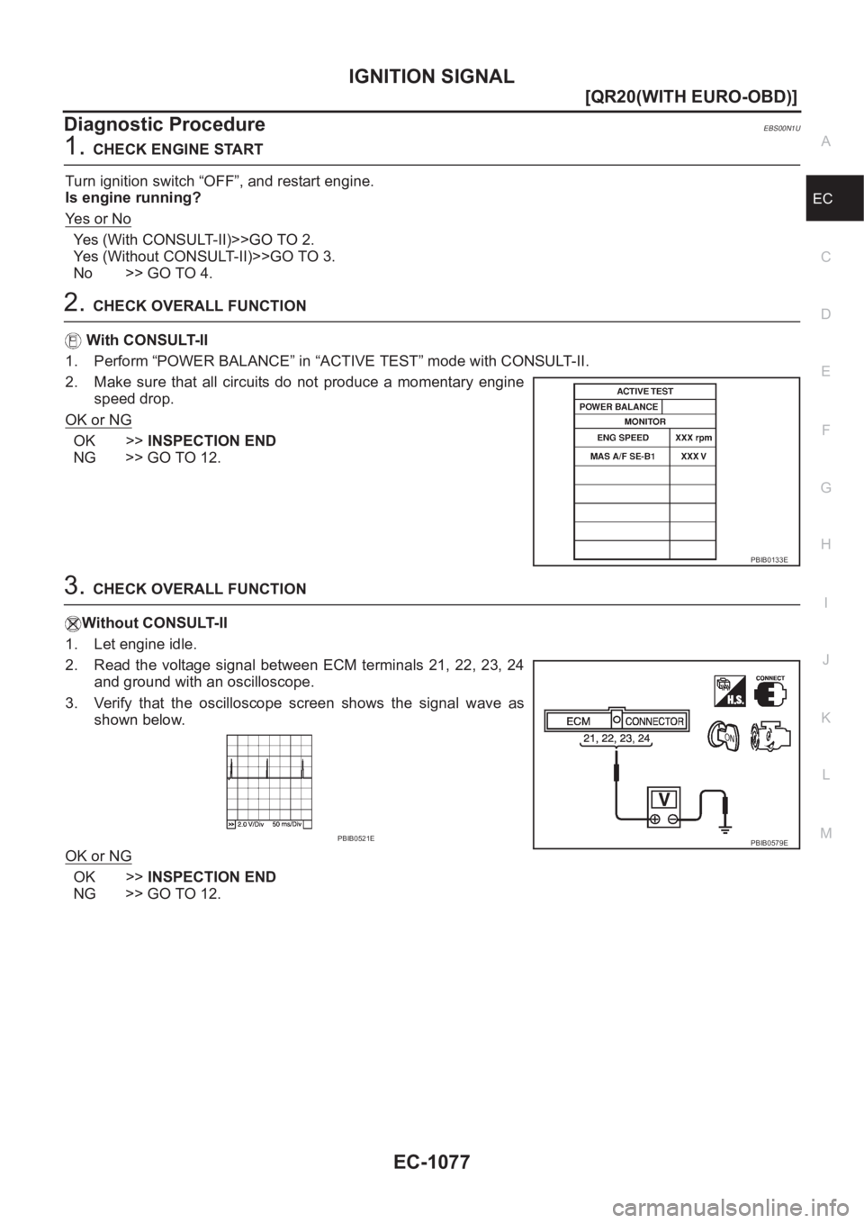 NISSAN X-TRAIL 2001  Service Repair Manual IGNITION SIGNAL
EC-1077
[QR20(WITH EURO-OBD)]
C
D
E
F
G
H
I
J
K
L
MA
EC
Diagnostic ProcedureEBS00N1U
1.CHECK ENGINE START
Turn ignition switch “OFF”, and restart engine.
Is engine running?
Ye s   