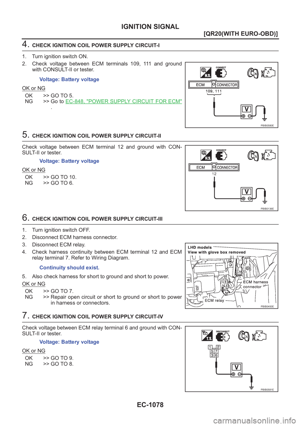NISSAN X-TRAIL 2001  Service Repair Manual EC-1078
[QR20(WITH EURO-OBD)]
IGNITION SIGNAL
4. CHECK IGNITION COIL POWER SUPPLY CIRCUIT-I
1. Turn ignition switch ON.
2. Check  voltage  between  ECM  terminals  109,  111  and  ground
with CONSULT-