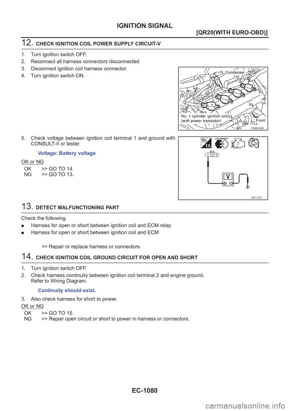 NISSAN X-TRAIL 2001  Service Repair Manual EC-1080
[QR20(WITH EURO-OBD)]
IGNITION SIGNAL
12. CHECK IGNITION COIL POWER SUPPLY CIRCUIT-V
1. Turn ignition switch OFF.
2. Reconnect all harness connectors disconnected.
3. Disconnect ignition coil 