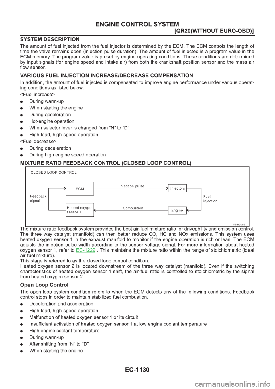 NISSAN X-TRAIL 2001  Service Repair Manual EC-1130
[QR20(WITHOUT EURO-OBD)]
ENGINE CONTROL SYSTEM
SYSTEM DESCRIPTION
The amount of fuel injected from the fuel injector is determined by the ECM. The ECM controls the length of
time the valve rem