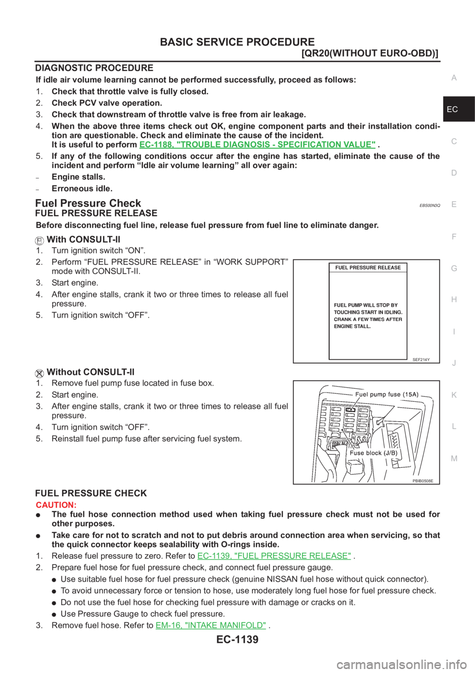 NISSAN X-TRAIL 2001  Service Repair Manual BASIC SERVICE PROCEDURE
EC-1139
[QR20(WITHOUT EURO-OBD)]
C
D
E
F
G
H
I
J
K
L
MA
EC
DIAGNOSTIC PROCEDURE
If idle air volume learning cannot be performed successfully, proceed as follows:
1.Check that t