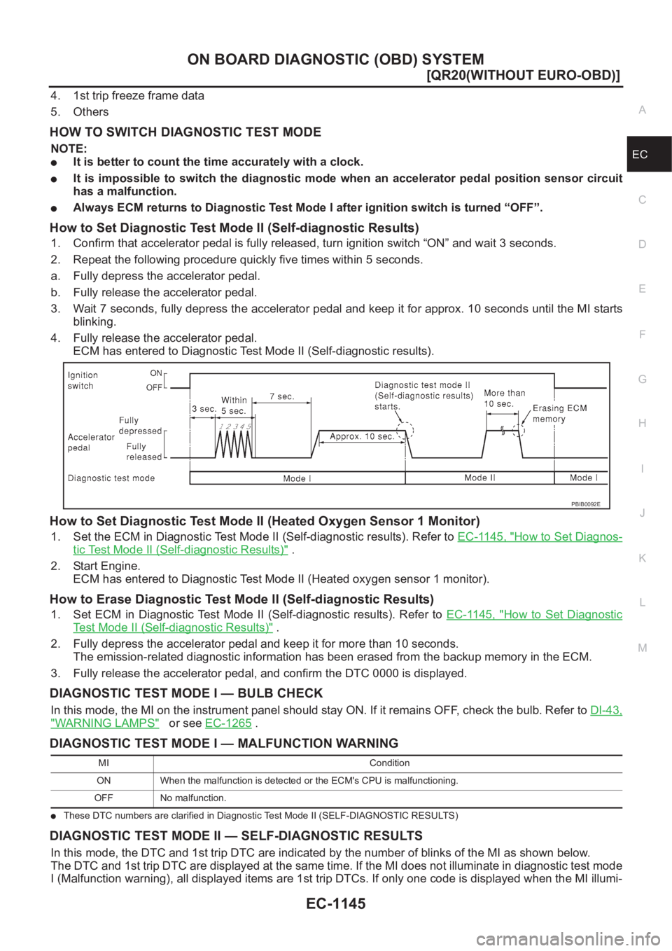 NISSAN X-TRAIL 2001  Service Repair Manual ON BOARD DIAGNOSTIC (OBD) SYSTEM
EC-1145
[QR20(WITHOUT EURO-OBD)]
C
D
E
F
G
H
I
J
K
L
MA
EC
4. 1st trip freeze frame data
5. Others
HOW TO SWITCH DIAGNOSTIC TEST MODE
NOTE:
●It is better to count th