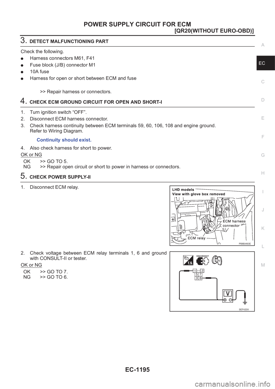 NISSAN X-TRAIL 2001  Service Repair Manual POWER SUPPLY CIRCUIT FOR ECM
EC-1195
[QR20(WITHOUT EURO-OBD)]
C
D
E
F
G
H
I
J
K
L
MA
EC
3.DETECT MALFUNCTIONING PART
Check the following.
●Harness connectors M61, F41
●Fuse block (J/B) connector M