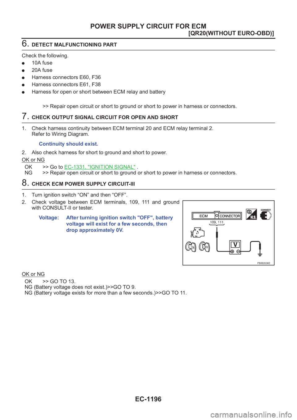 NISSAN X-TRAIL 2001  Service Repair Manual EC-1196
[QR20(WITHOUT EURO-OBD)]
POWER SUPPLY CIRCUIT FOR ECM
6. DETECT MALFUNCTIONING PART
Check the following.
●10A fuse
●20A fuse
●Harness connectors E60, F36
●Harness connectors E61, F38
