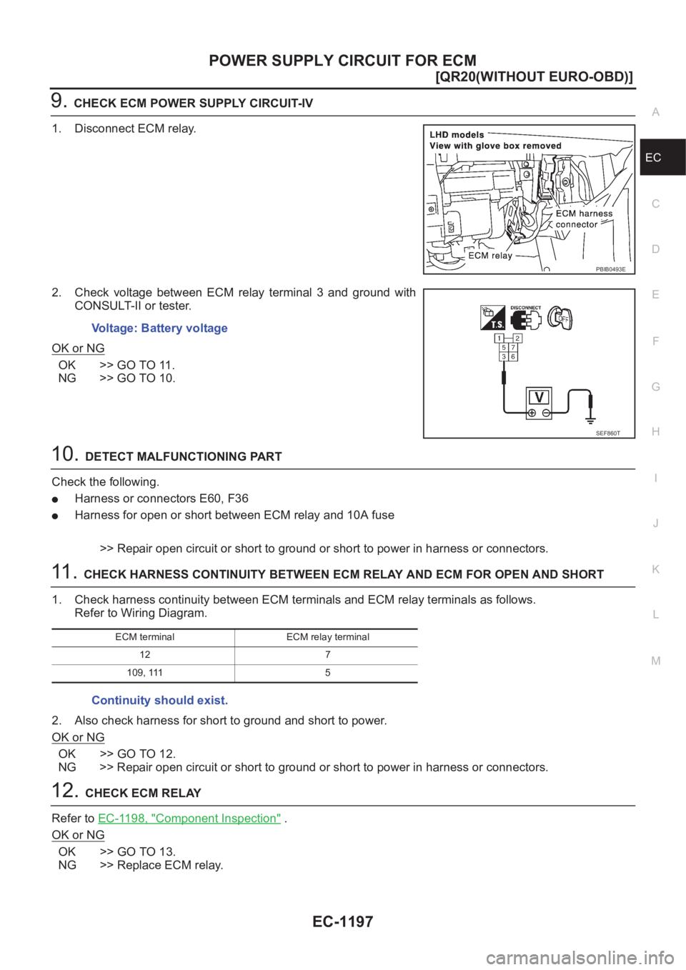 NISSAN X-TRAIL 2001  Service Repair Manual POWER SUPPLY CIRCUIT FOR ECM
EC-1197
[QR20(WITHOUT EURO-OBD)]
C
D
E
F
G
H
I
J
K
L
MA
EC
9.CHECK ECM POWER SUPPLY CIRCUIT-IV
1. Disconnect ECM relay.
2. Check  voltage  between  ECM  relay  terminal  3