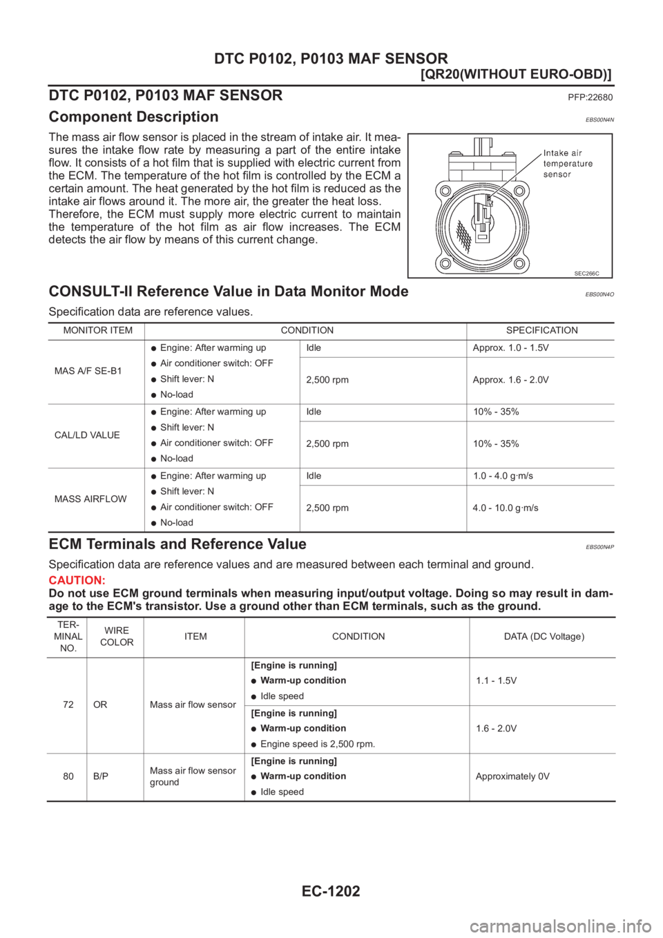 NISSAN X-TRAIL 2001  Service Repair Manual EC-1202
[QR20(WITHOUT EURO-OBD)]
DTC P0102, P0103 MAF SENSOR
DTC P0102, P0103 MAF SENSOR
PFP:22680
Component DescriptionEBS00N4N
The mass air flow sensor is placed in the stream of intake air. It mea-