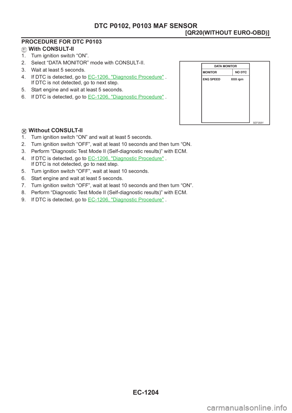 NISSAN X-TRAIL 2001  Service Repair Manual EC-1204
[QR20(WITHOUT EURO-OBD)]
DTC P0102, P0103 MAF SENSOR
PROCEDURE FOR DTC P0103
 With CONSULT-II 
1. Turn ignition switch “ON”.
2. Select “DATA MONITOR” mode with CONSULT-II.
3. Wait at l