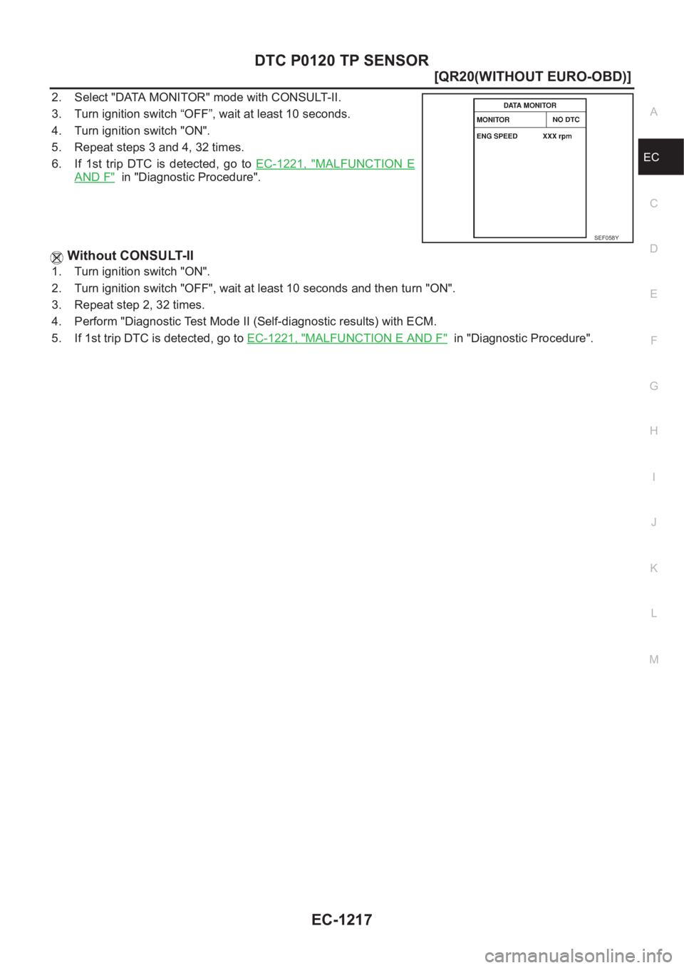 NISSAN X-TRAIL 2001  Service Repair Manual DTC P0120 TP SENSOR
EC-1217
[QR20(WITHOUT EURO-OBD)]
C
D
E
F
G
H
I
J
K
L
MA
EC
2. Select "DATA MONITOR" mode with CONSULT-II.
3. Turn ignition switch “OFF”, wait at least 10 seconds.
4. Tu