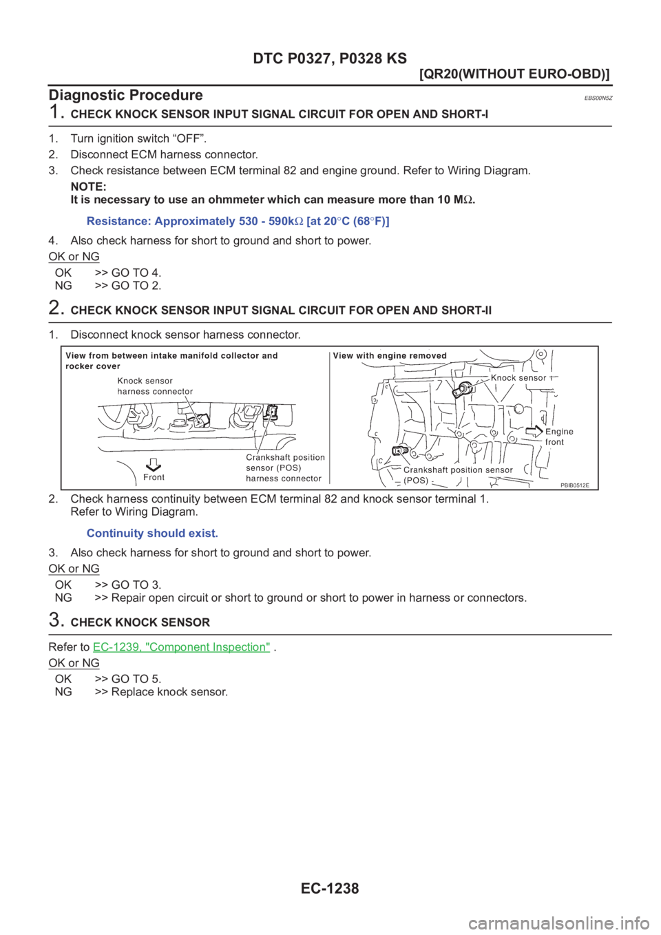 NISSAN X-TRAIL 2001  Service Repair Manual EC-1238
[QR20(WITHOUT EURO-OBD)]
DTC P0327, P0328 KS
Diagnostic Procedure
EBS00N5Z
1. CHECK KNOCK SENSOR INPUT SIGNAL CIRCUIT FOR OPEN AND SHORT-I
1. Turn ignition switch “OFF”.
2. Disconnect ECM 