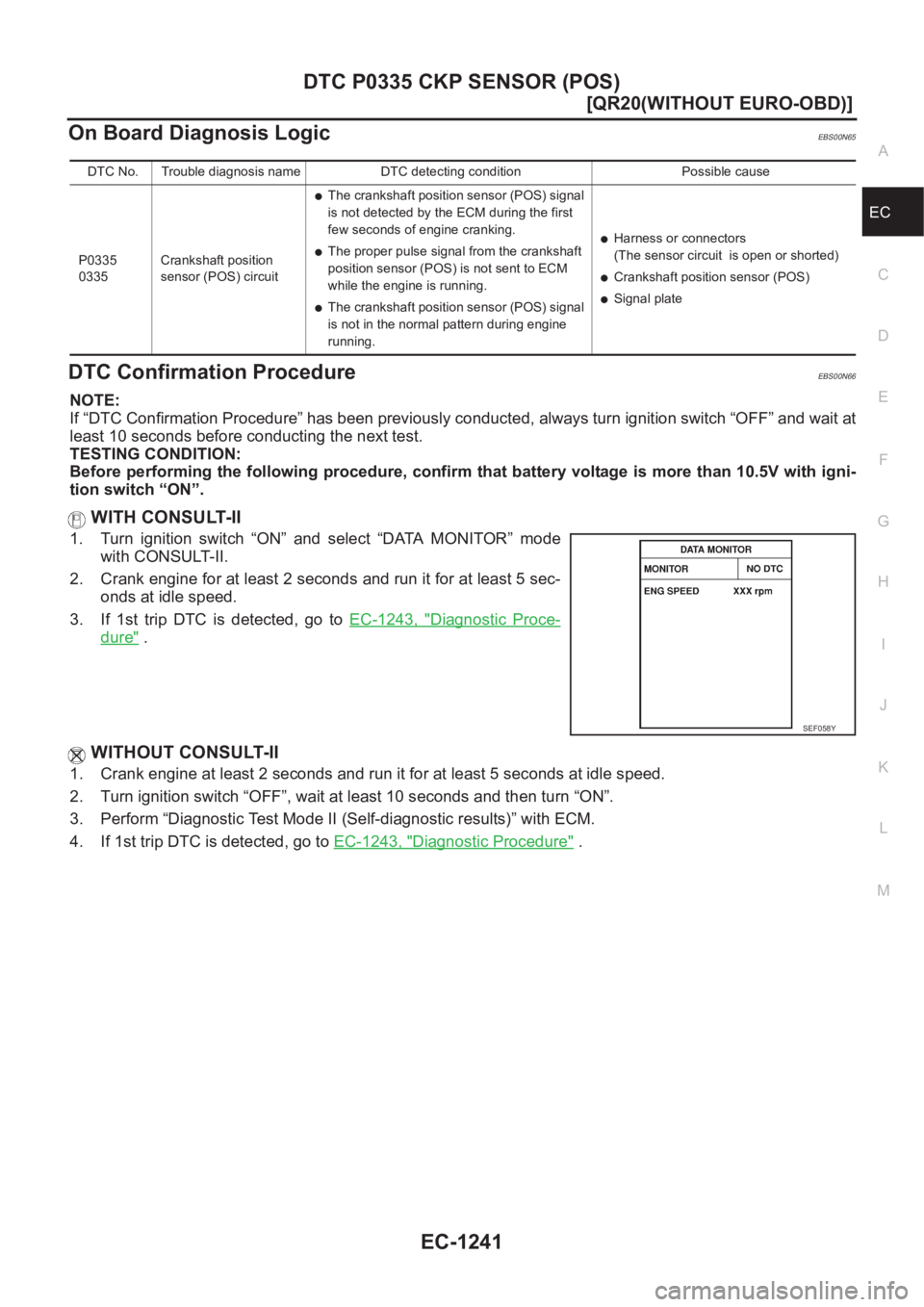 NISSAN X-TRAIL 2001  Service Repair Manual DTC P0335 CKP SENSOR (POS)
EC-1241
[QR20(WITHOUT EURO-OBD)]
C
D
E
F
G
H
I
J
K
L
MA
EC
On Board Diagnosis LogicEBS00N65
DTC Confirmation ProcedureEBS00N66
NOTE:
If “DTC Confirmation Procedure” has 
