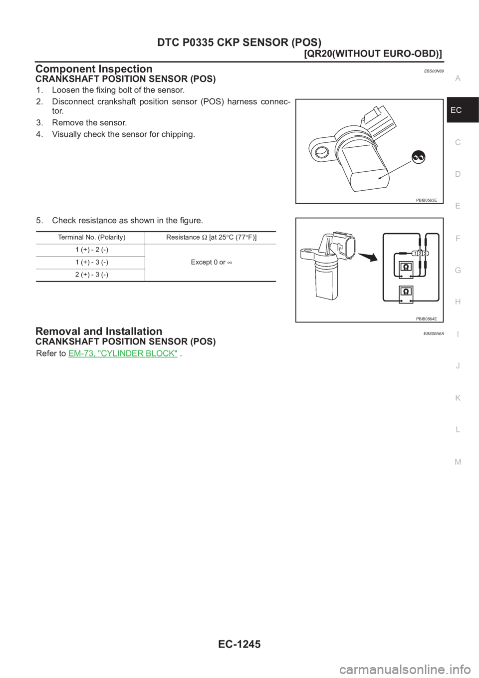 NISSAN X-TRAIL 2001  Service Repair Manual DTC P0335 CKP SENSOR (POS)
EC-1245
[QR20(WITHOUT EURO-OBD)]
C
D
E
F
G
H
I
J
K
L
MA
EC
Component InspectionEBS00N69
CRANKSHAFT POSITION SENSOR (POS)
1. Loosen the fixing bolt of the sensor.
2. Disconne