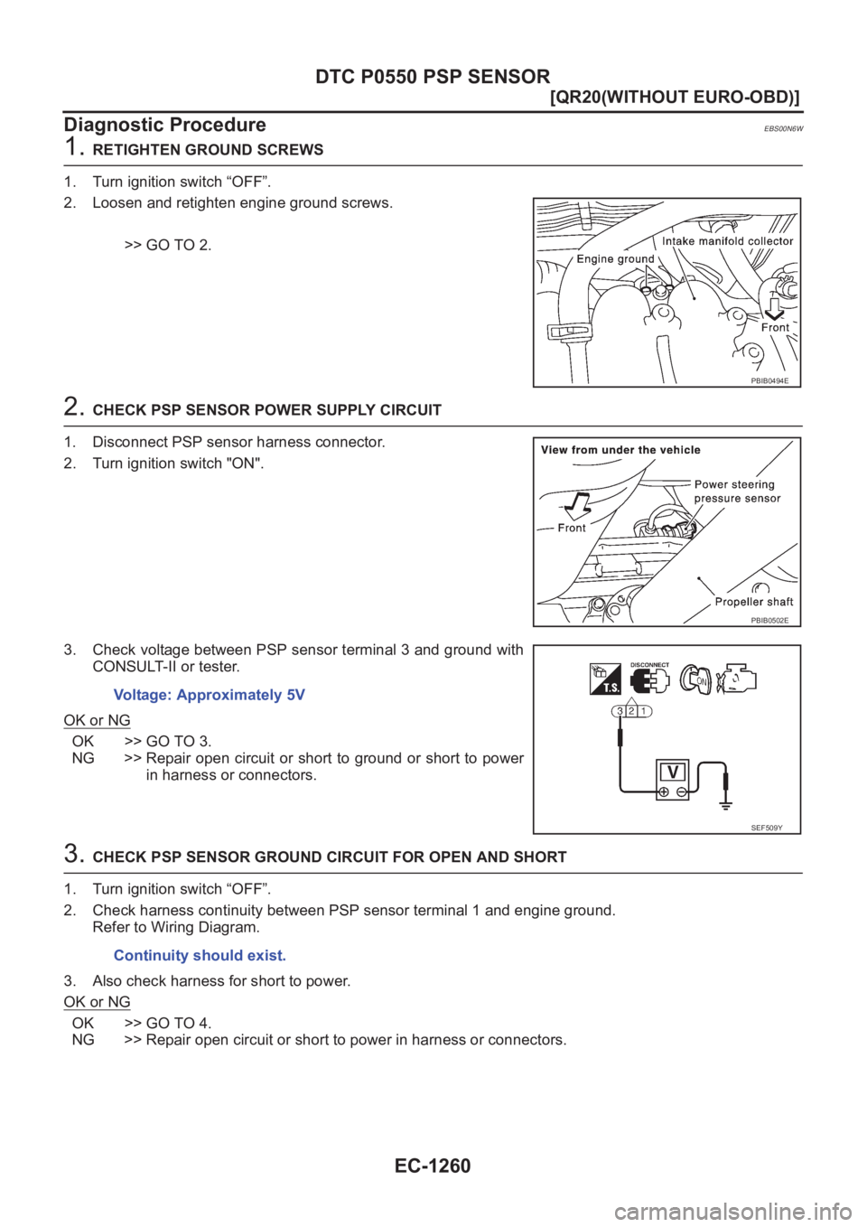 NISSAN X-TRAIL 2001  Service Repair Manual EC-1260
[QR20(WITHOUT EURO-OBD)]
DTC P0550 PSP SENSOR
Diagnostic Procedure
EBS00N6W
1. RETIGHTEN GROUND SCREWS
1. Turn ignition switch “OFF”.
2. Loosen and retighten engine ground screws.
>> GO TO