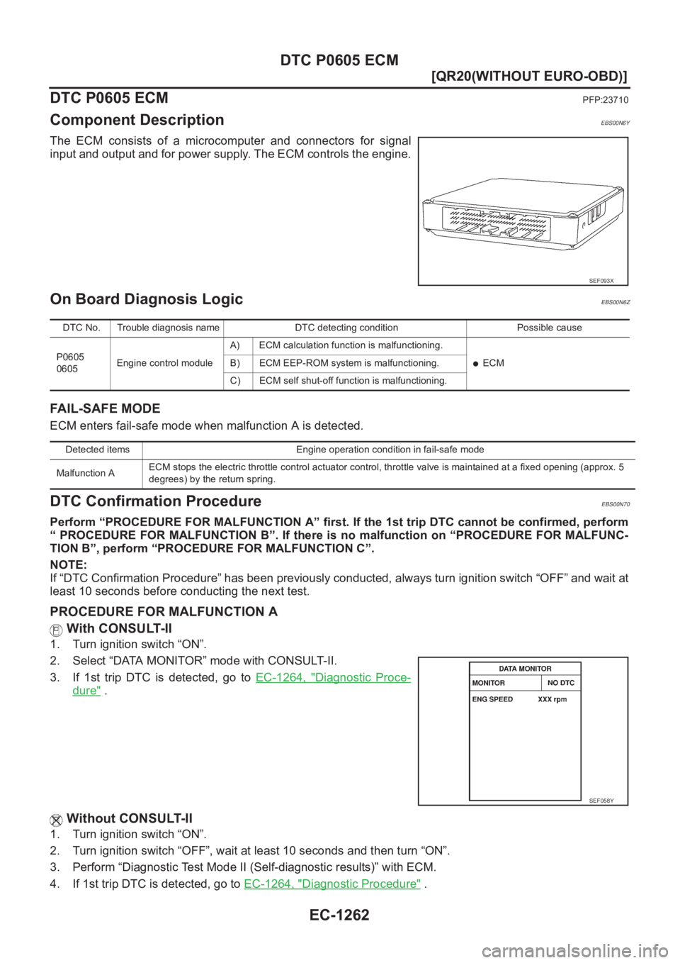 NISSAN X-TRAIL 2001  Service Repair Manual EC-1262
[QR20(WITHOUT EURO-OBD)]
DTC P0605 ECM
DTC P0605 ECM
PFP:23710
Component DescriptionEBS00N6Y
The  ECM  consists  of  a  microcomputer  and  connectors  for  signal
input and output and for pow