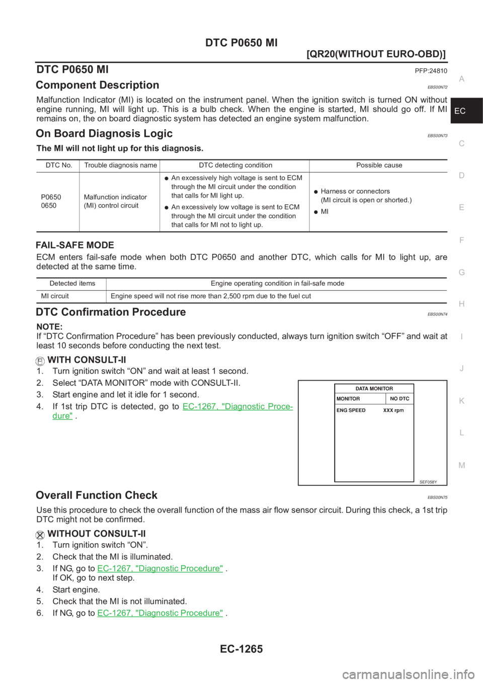 NISSAN X-TRAIL 2001  Service Repair Manual DTC P0650 MI
EC-1265
[QR20(WITHOUT EURO-OBD)]
C
D
E
F
G
H
I
J
K
L
MA
EC
DTC P0650 MIPFP:24810
Component DescriptionEBS00N72
Malfunction  Indicator  (MI)  is  located  on  the  instrument  panel. When 