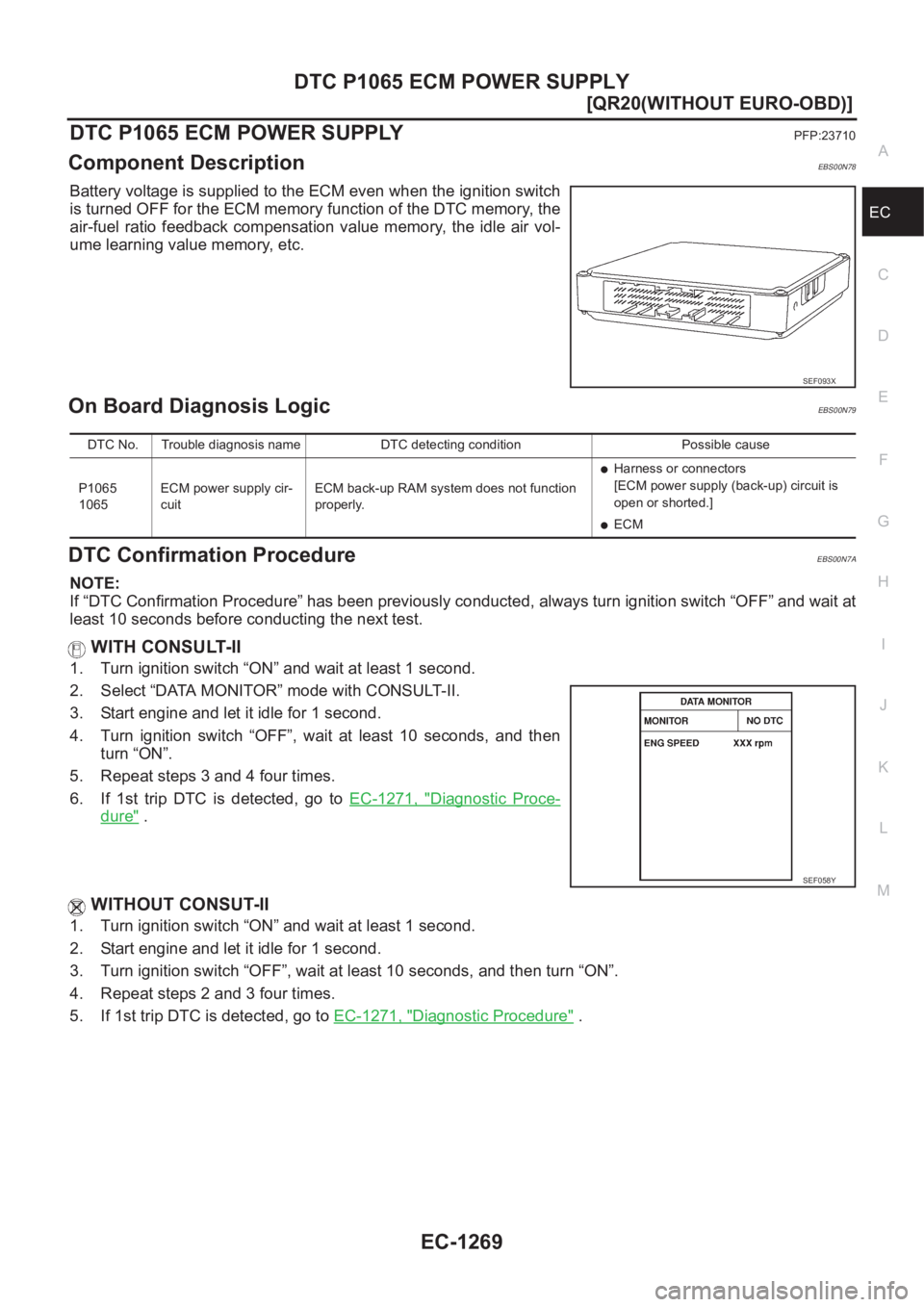 NISSAN X-TRAIL 2001  Service Repair Manual DTC P1065 ECM POWER SUPPLY
EC-1269
[QR20(WITHOUT EURO-OBD)]
C
D
E
F
G
H
I
J
K
L
MA
EC
DTC P1065 ECM POWER SUPPLYPFP:23710
Component DescriptionEBS00N78
Battery voltage is supplied to the ECM even when