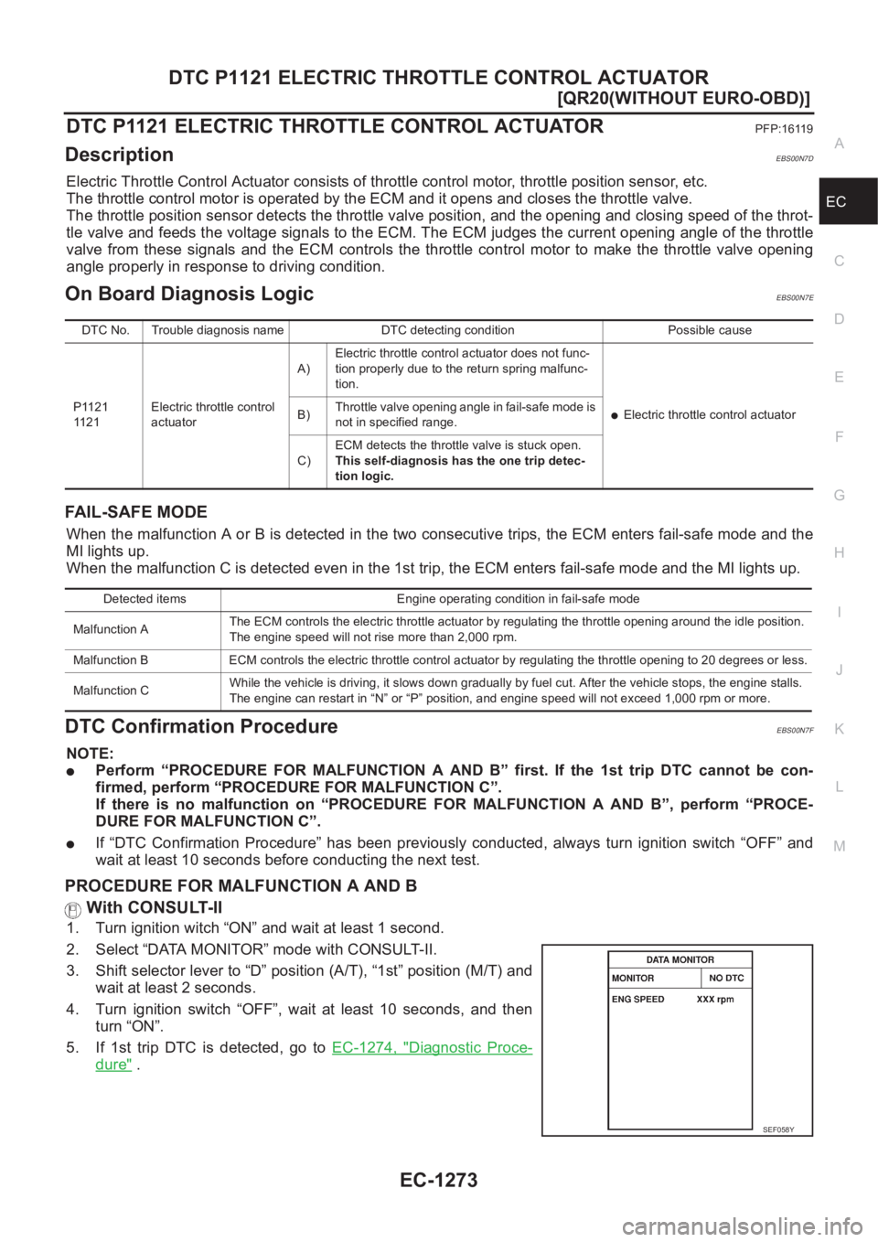 NISSAN X-TRAIL 2001  Service Repair Manual DTC P1121 ELECTRIC THROTTLE CONTROL ACTUATOR
EC-1273
[QR20(WITHOUT EURO-OBD)]
C
D
E
F
G
H
I
J
K
L
MA
EC
DTC P1121 ELECTRIC THROTTLE CONTROL ACTUATORPFP:16119
DescriptionEBS00N7D
Electric Throttle Cont